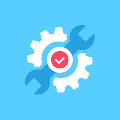 Repair icon. Wrench, cogwheel and check mark icon. Spanner, cog, gear and checkmark symbol. Maintenance, technical support, fixing, technical solution concepts. Flat design. Vector illustration © VectorCookies