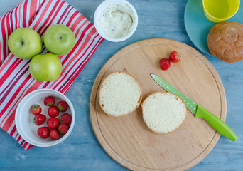 Children's fun food.Sandwich in the form of a flower out of strawberries for kids breakfast.Step-by-step recipe for cooking dishes for menu. Festive and new year dishes.Instructions. DIY. Step 2