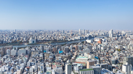 Fototapeta na wymiar 青空を背景にスカイツリーから見た墨田川桜橋方面 