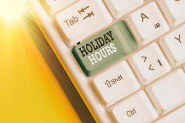 Word writing text Holiday Hours. Business photo showcasing employee receives twice their normal pay...