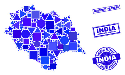Vector mosaic Himachal Pradesh State map. Geographic collage in blue color tones, and grunge round and rectangle seal stamps. Abstract mosaic of Himachal Pradesh State map composed of round,