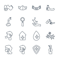 Medical care and covid 19 virus line style icon set vector design