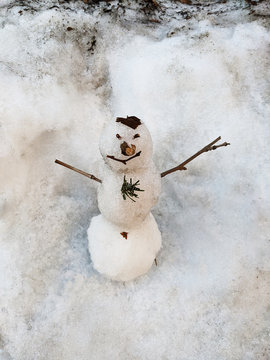 a little snowman made with snow and pieces of twigs