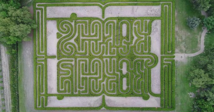 San Rafael, Argentina, November 17, 2018: Take zenital from drone, from Labyrinth of Borges with people walking inside it.