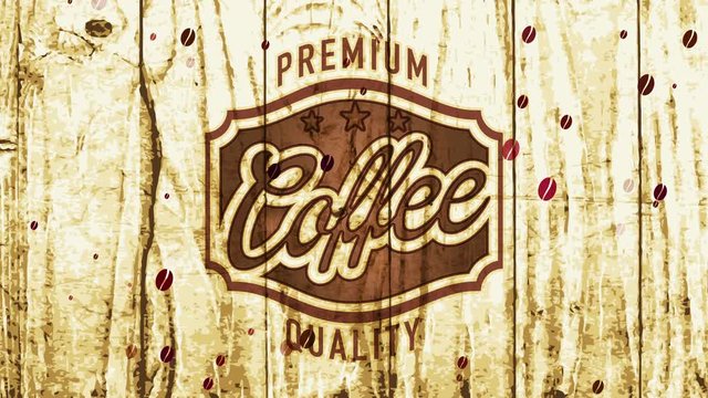 cafe brewery sign selling high quality fried coffee with minimalist elegant badge and typing on wood tile