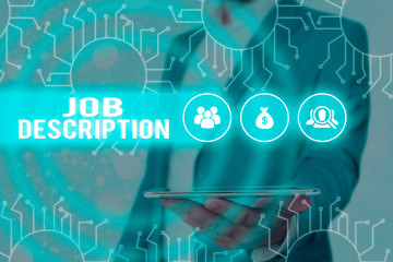 Text sign showing Job Description. Business photo showcasing a formal account of an employee s is...