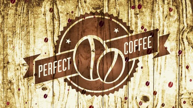 pure coffee beans producers badge with zig zagged frame and aged fancy with etching component on wooden texture scene