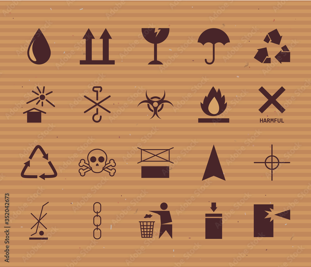 Poster cardboard and packaging line style icon set vector design