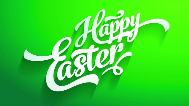 happy easter greeting card front with white 3d calligraphy creating shadows on green croma like background