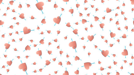 Endless seamless pattern of beautiful festive love joyful hearts with cupid arrow on a white background. Vector illustration