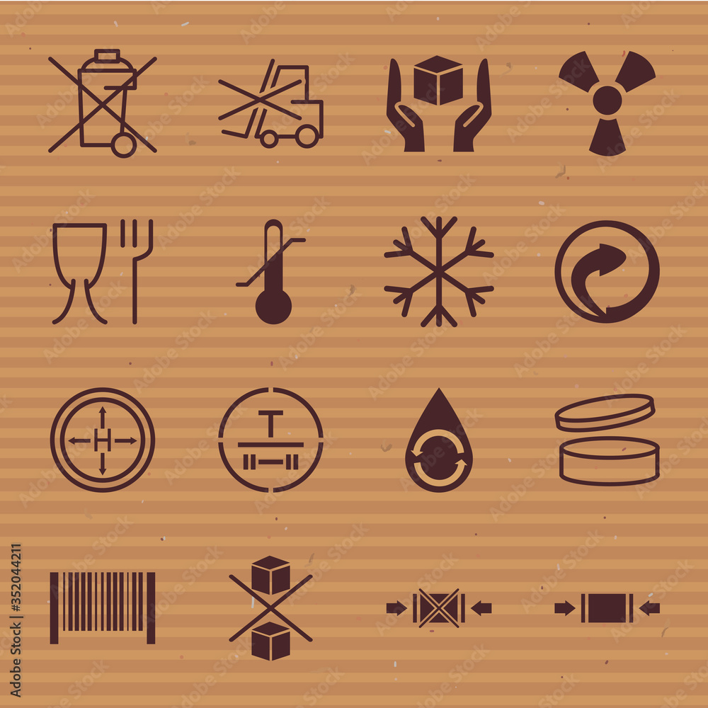Poster cardboard and packaging line style icon set vector design