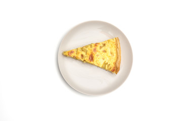 Slice of rhubarb pie in gray plate isolated on a white background