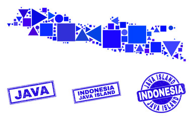 Vector mosaic Java Island map. Geographic plan in blue color tinges, and textured round and rectangle seal stamps. Abstract composition of Java Island map constructed of round, tringle,