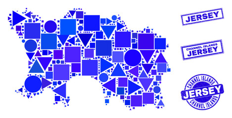 Vector mosaic Jersey Island map. Geographic collage in blue color shades, and scratched round and rectangle seals. Abstract mosaic of Jersey Island map combined of spheric, tringle,