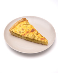 Slice of rhubarb pie in gray plate isolated on a white background