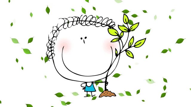 little young boy proudly standing besides a tree he planted to create awareness on climate change on a windy day with green leaves floating on the background