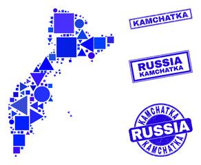 Vector mosaic Kamchatka map. Geographic collage in blue color hues, and unclean round and rectangle stamps. Abstract mosaic of Kamchatka map done of round, tringle, square geometric items.