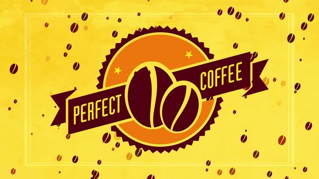 roasted coffee beans graphics in the center of curve emblem with 50s style ribbon for cafe or diner