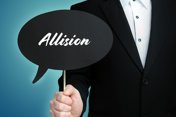 Allision. Lawyer (Man) holds the sign of a speech bubble in his hand. Text on the label. Symbol of...