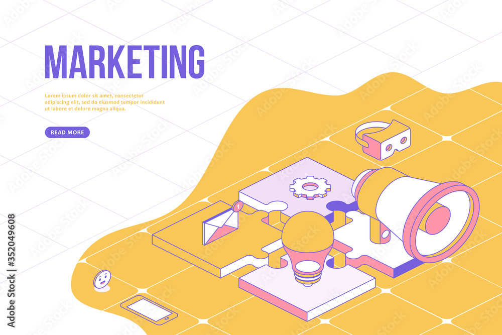Poster marketing web banner concept. creative design template with isometric objects. analytics, content, o