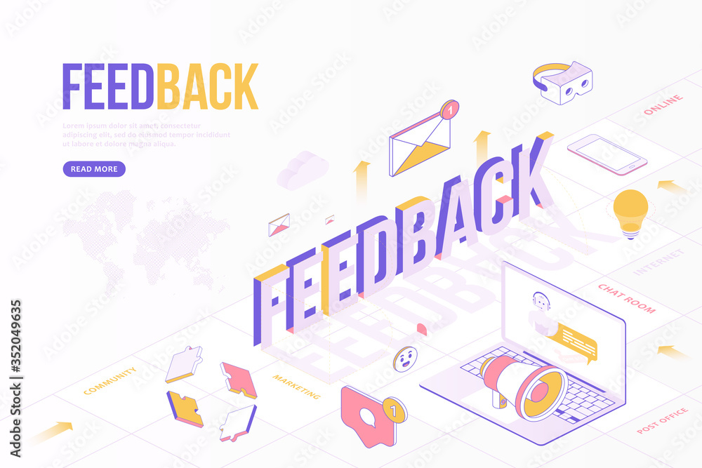 Aufkleber feedback web banner concept. creative design template with isometric objects and three dimensional t
