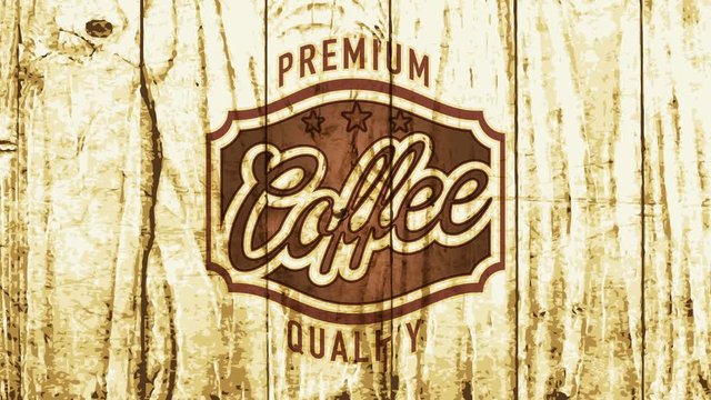 cafe brewery sign selling high quality roasted coffee with minimalist elegant emblem and lettering on wood wallpaper