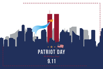 Patriot Day september 11. 2001 We will never forget. Font inscription with USA flag and city silhouette on a background. Banner to the day of memory of the American people. Flat element EPS 10 - obrazy, fototapety, plakaty