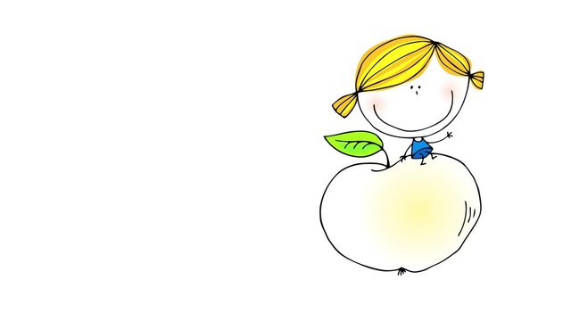 little girl playing with a big peach of soft fruity color similar to a bouncing ball waving to the camera and smiling representing imagination of kids