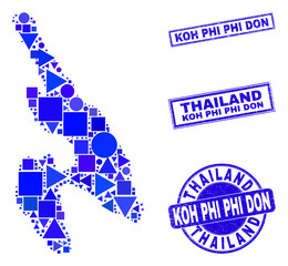 Vector mosaic Koh Phi Don map. Geographic plan in blue color tones, and dirty round and rectangle seals. Abstract composition of Koh Phi Don map constructed of round, triangles,