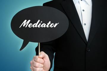 Mediator. Lawyer (Man) holds the sign of a speech bubble in his hand. Text on the label. Symbol of law, justice, judgement