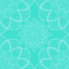 Fototapeta na wymiar Boho lace illustrated mandala template centered and corners on turquoise background.Use as decoration for.advertisement, book covers, business logo, doily surface, yoga classes and posters design