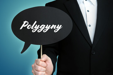 Polygyny. Lawyer (Man) holds the sign of a speech bubble in his hand. Text on the label. Symbol of...
