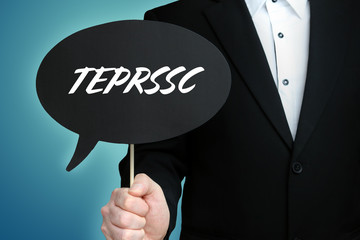 TEPRSSC. Lawyer (Man) holds the sign of a speech bubble in his hand. Text on the label. Symbol of...