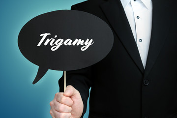 Trigamy. Lawyer (Man) holds the sign of a speech bubble in his hand. Text on the label. Symbol of law, justice, judgement