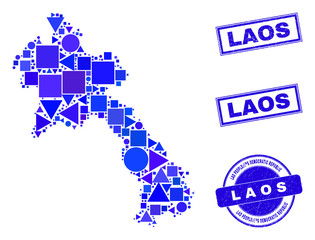 Vector mosaic Laos map. Geographic plan in blue color tones, and scratched round and rectangle seals. Abstract mosaic of Laos map made of round, tringle, square geometric elements.
