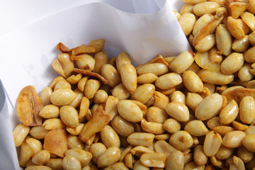 Macro shot of 'kacang bawang' an Indonesian snack that made of fryed peanuts with garlic 