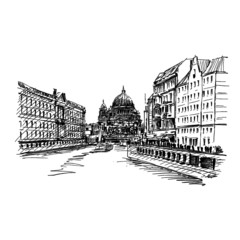 Drawing of Berlin church along river © arnontphoto