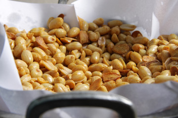 Macro shot of 'kacang bawang' an Indonesian snack that made of fryed peanuts with garlic 