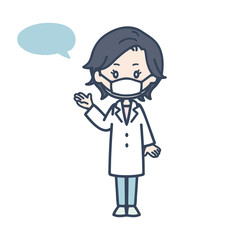 マスクをつけて案内する女性医師　ポーズ　イラスト