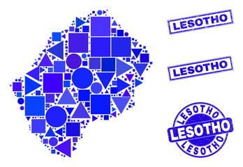 Vector mosaic Lesotho map. Geographic scheme in blue color shades, and corroded round and rectangle stamps. Abstract mosaic of Lesotho map organized of round, triangles, square geometric elements.