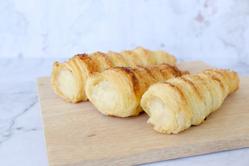 Horn pastry cake with vla or vanilla custard filling. Homemade cumcum cake filled with cream