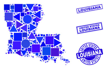 Vector mosaic Louisiana State map. Geographic collage in blue color shades, and unclean round and rectangle seals. Abstract mosaic of Louisiana State map combined of round, triangles,