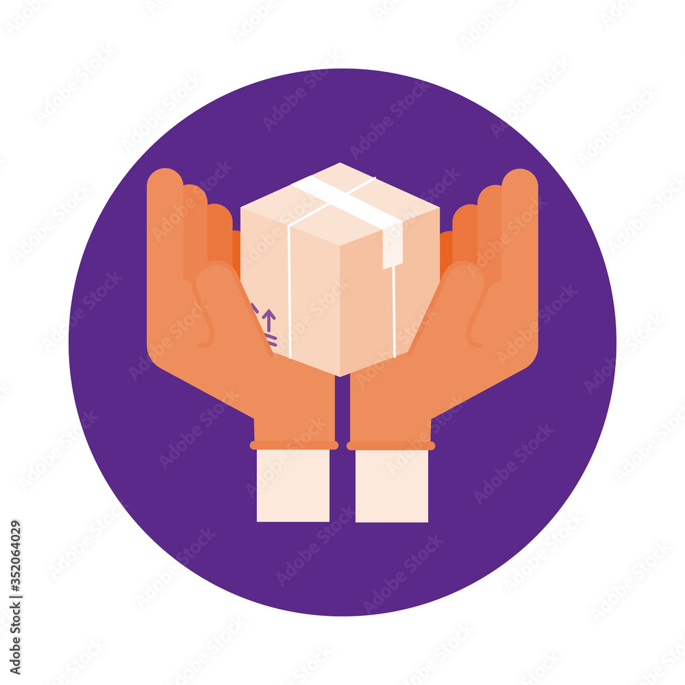 Poster hands lifting box delivery service block style