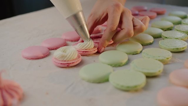 Cooking macaroon at home, a lot of multi-colored, beautiful art