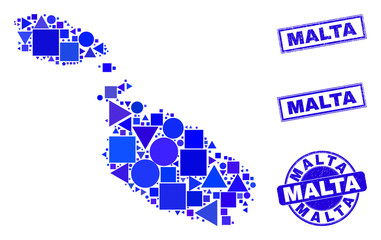Vector mosaic Malta map. Geographic plan in blue color shades, and corroded round and rectangle stamps. Abstract mosaic of Malta map composed of round, triangles, square geometric items.