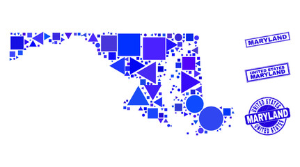 Vector mosaic Maryland State map. Geographic collage in blue color hues, and textured round and rectangle stamps. Abstract collage of Maryland State map done of sphere, triangles,