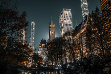 Central Park long exposure of various tall buildings circling the park