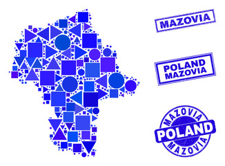 Vector mosaic Masovian Voivodeship map. Geographic plan in blue color tints, and rubber round and rectangle stamp seals. Abstract mosaic of Masovian Voivodeship map done of round, triangles,
