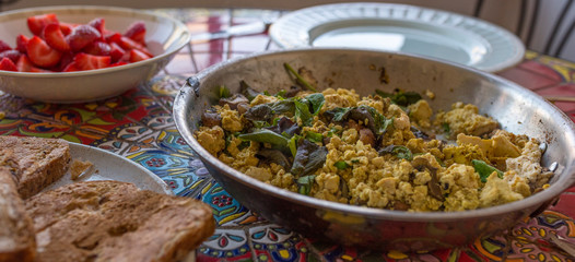 Close up of tofu scramble and vegan french toast