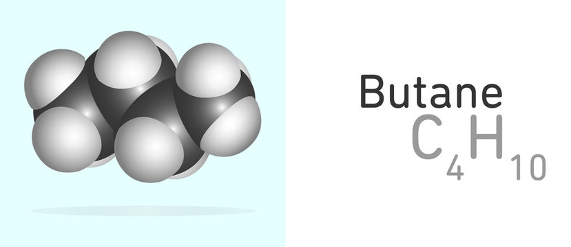 Butane (C4H10) gas molecule. Space filling model. Structural Chemical Formula and Molecule Model. Chemistry Education